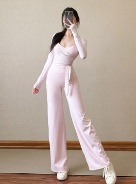 粉色瑜伽服套装绝美绑带跑步运动健身罩衫修身显瘦训练普拉提上衣
