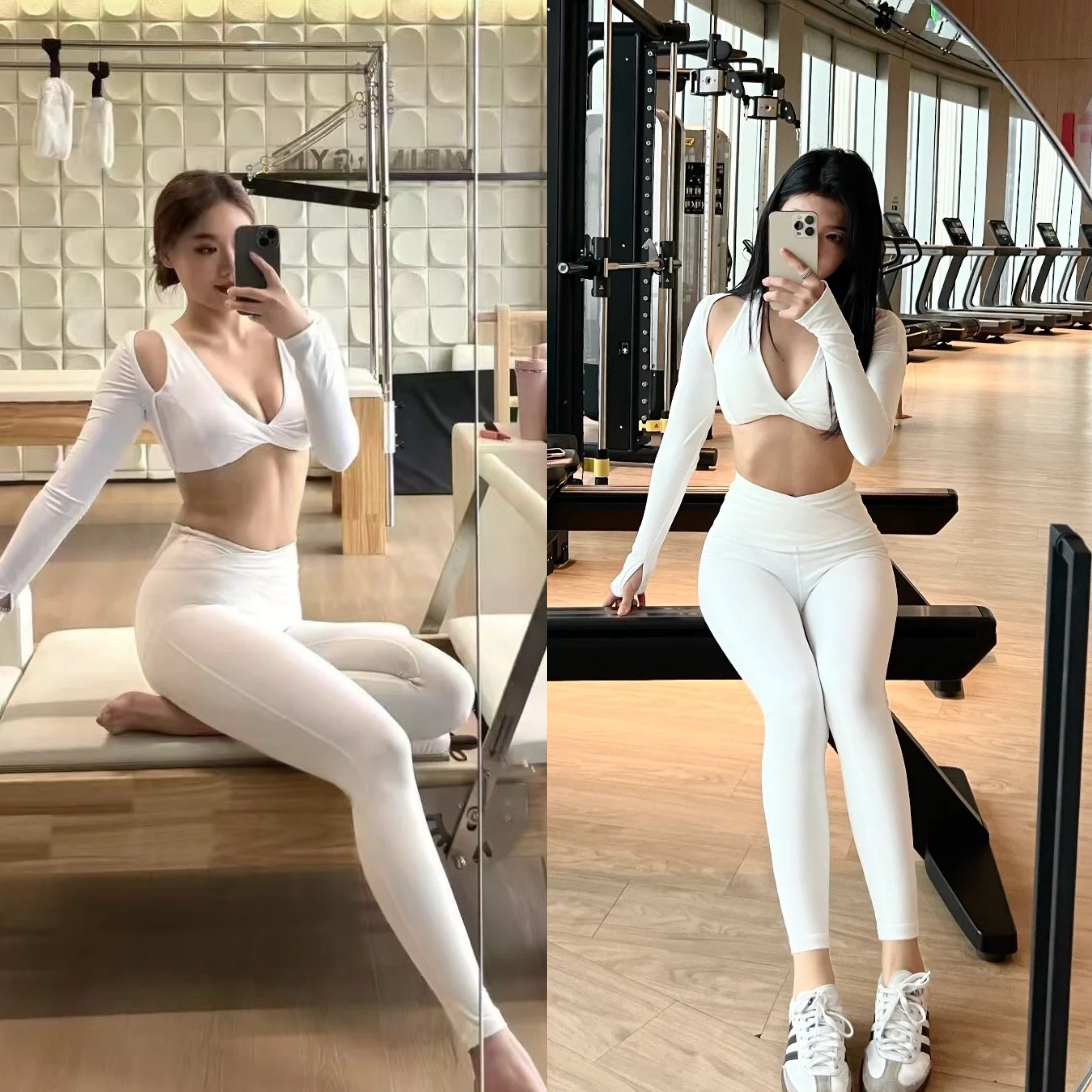 白色性感运动长袖带胸垫跑步训练健身上衣绝美辣妹普拉提瑜伽服