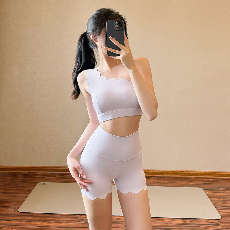 绝美花边瑜伽套装夏单肩专业训练运动吊带裸感透气普拉提健身短裤