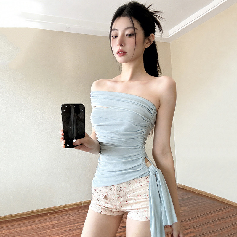 一字肩辣妹瑜伽T恤修身绑带跑步运动上衣新款露肩普拉提健身服