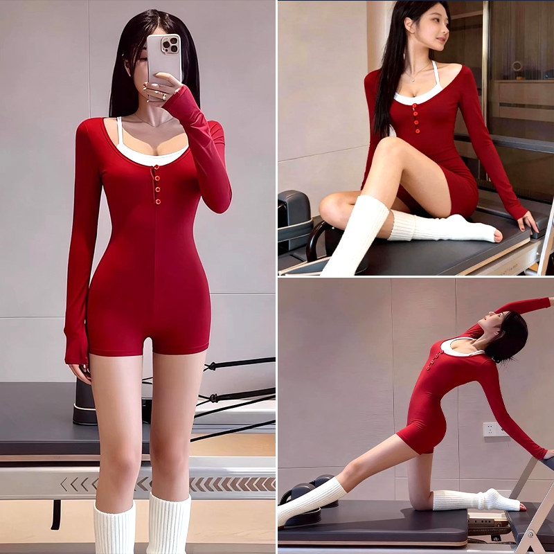 红色普拉提瑜伽连体衣速干一体式运动长袖绝美训练连体服健身套装图片