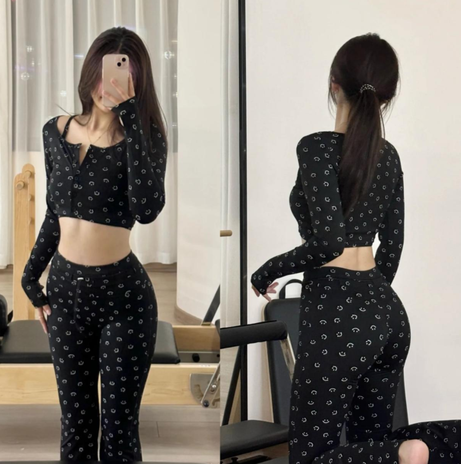 笑脸印花长袖运动上衣女秋冬瑜伽罩衫普拉提健身套装高级感三件套