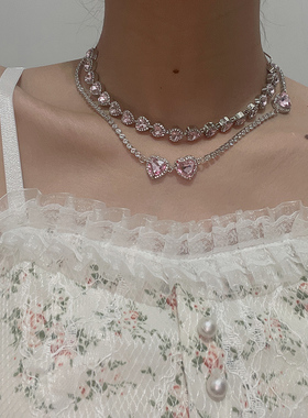 辣妹简约轻奢粉色爱心项链高级感