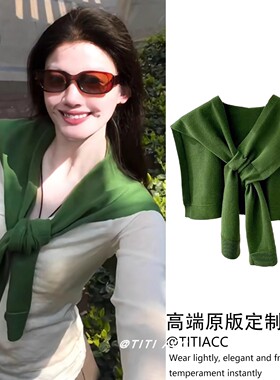 ins风巨出片墨绿色针织披肩女韩系时尚外搭坎肩围巾设计感配饰潮