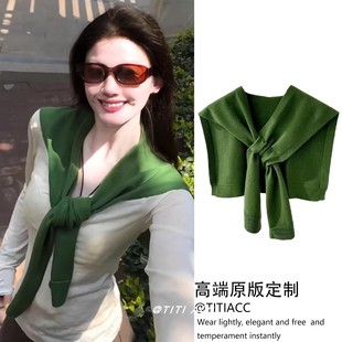 ins风巨出片墨绿色针织披肩女韩系时尚外搭坎肩围巾设计感配饰潮