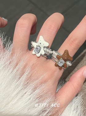 珍珠小熊戒指小众设计开口指环