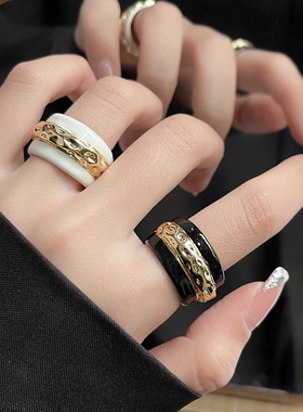 黑金撞色滴釉珐琅金属戒指女法式