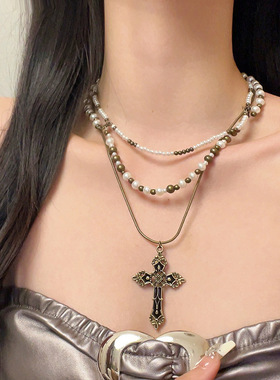 复古美式珍珠十字架项链女高级感