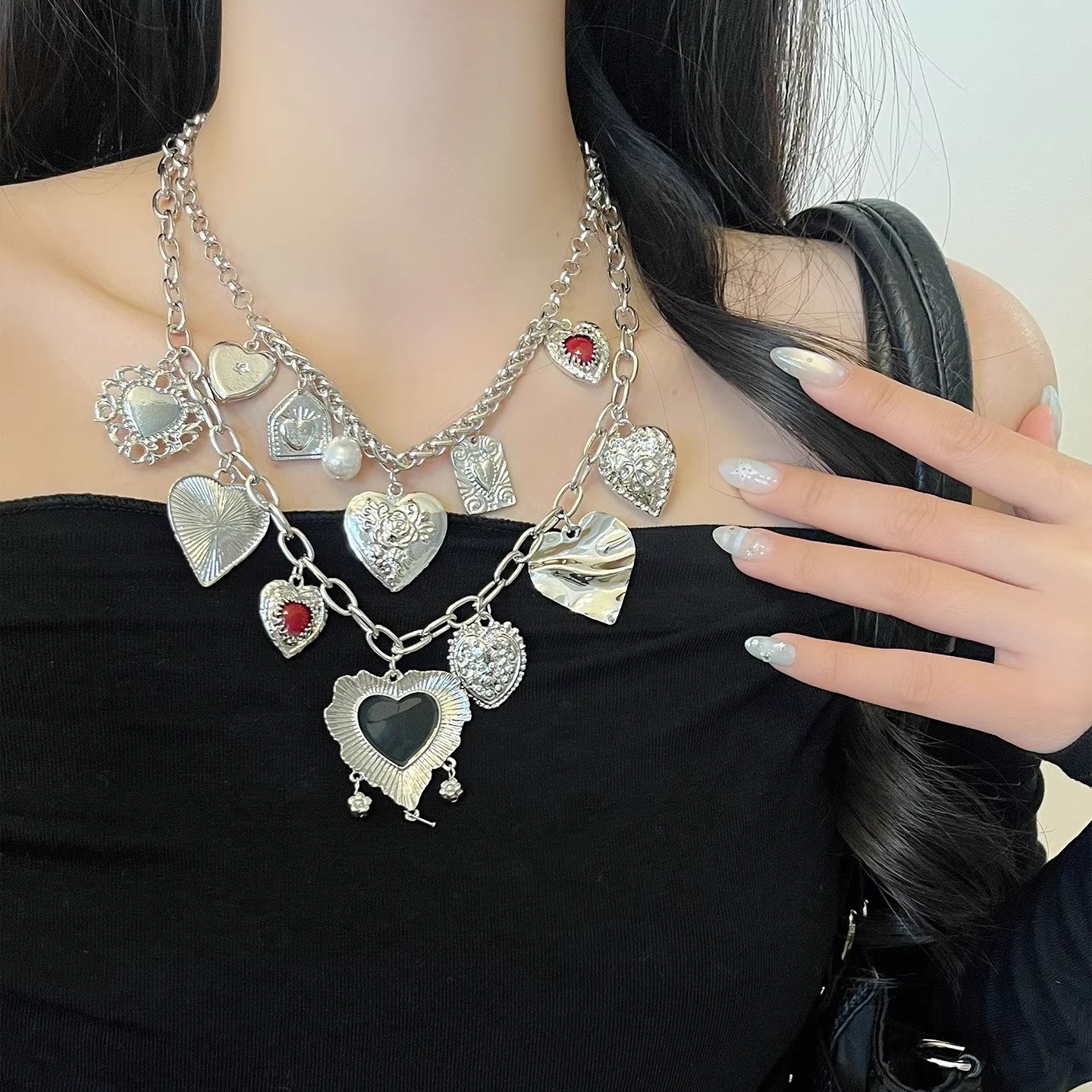 复古朋克风重工雕花爱心项链女精致choker叠戴毛衣链潮酷嘻哈颈链