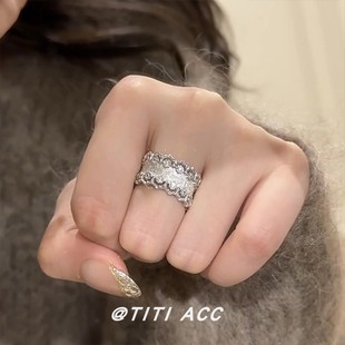 复古宫廷风重工拉丝镶钻蕾丝宽面银戒指新款个性百搭高级精致指环