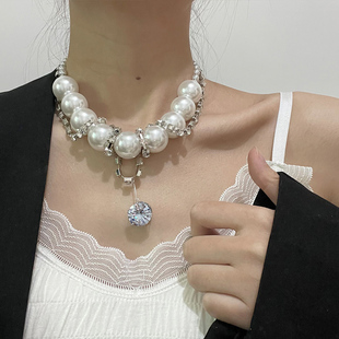 欧美夸张双层大珍珠项链女时髦满钻吊坠拼接锁骨链个性颈链饰品潮