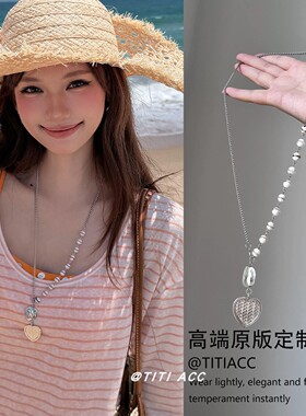 ins冷淡风做旧银色爱心项链女复古小众高级感长款串珠毛衣链颈链