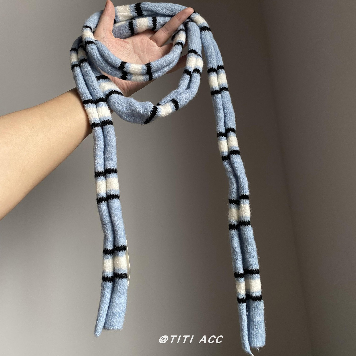 时髦！小清新蓝色条纹针织细长条丝巾女款秋冬氛围感护颈腊肠围脖