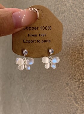 超仙白色猫眼石蝴蝶耳环女小众设计感高级轻奢气质百搭耳钉耳饰