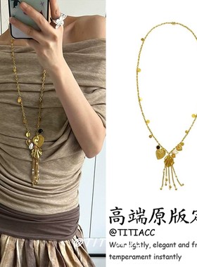 古早文艺风!金色贝壳流苏长款项链女法式复古度假风锁骨链毛衣链