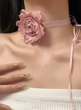 干枯玫瑰花朵颈链浪漫精致绑带丝带choker项链小众设计锁骨链潮