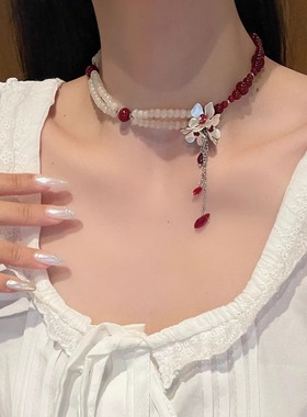 复古鸢尾花红色串珠高级感项链女
