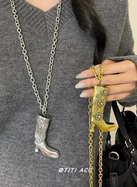 欧美镶钻花朵长筒靴金属链条项链女复古风夸张大气毛衣链锁骨链潮