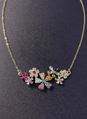 韩系多巴胺彩色锆石爆闪花朵项链夏日甜美少女风高颜值锁骨链配饰