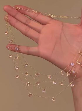 粉色锆石流苏人鱼公主项链多层设计感清冷感海边配裙子锁骨链颈链
