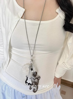 小众设计y2k~蓝色五角星吉他音符吊坠项链长款时尚毛球个性毛衣链