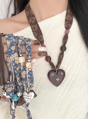 复古美拉德碎花丝巾项链爱心水滴花朵多元素民族风毛衣链挂脖配饰