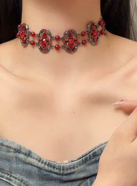 暗黑朋克红色水晶choker颈链女甜酷辣妹设计感项链复古个性锁骨链