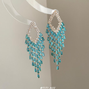 Vintage 轻奢气质耳钉耳坠耳饰 波西米亚蓝色碎钻流苏耳环女新款