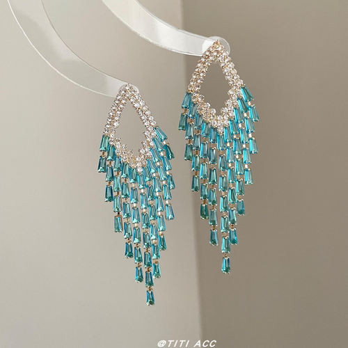 Vintage！波西米亚蓝色碎钻流苏耳环女新款轻奢气质耳钉耳坠耳饰