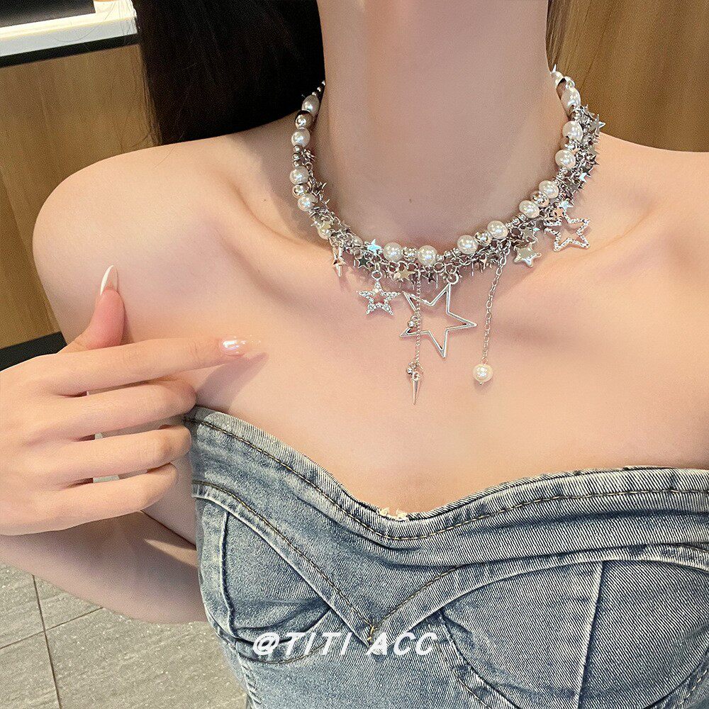 辣妹y2k亚文化繁星珍珠流苏choker项链女小众设计感十字架锁骨链