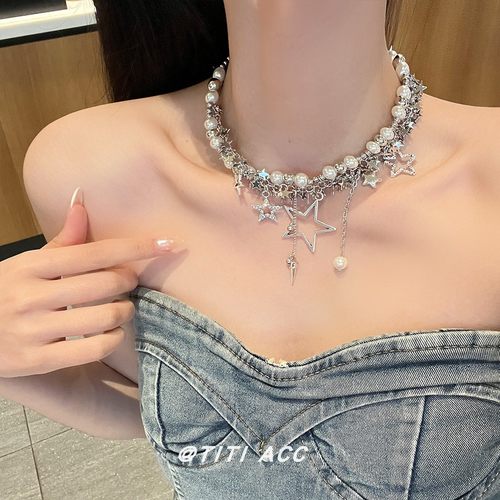 辣妹y2k亚文化繁星珍珠流苏choker项链女小众设计感十字架锁骨链