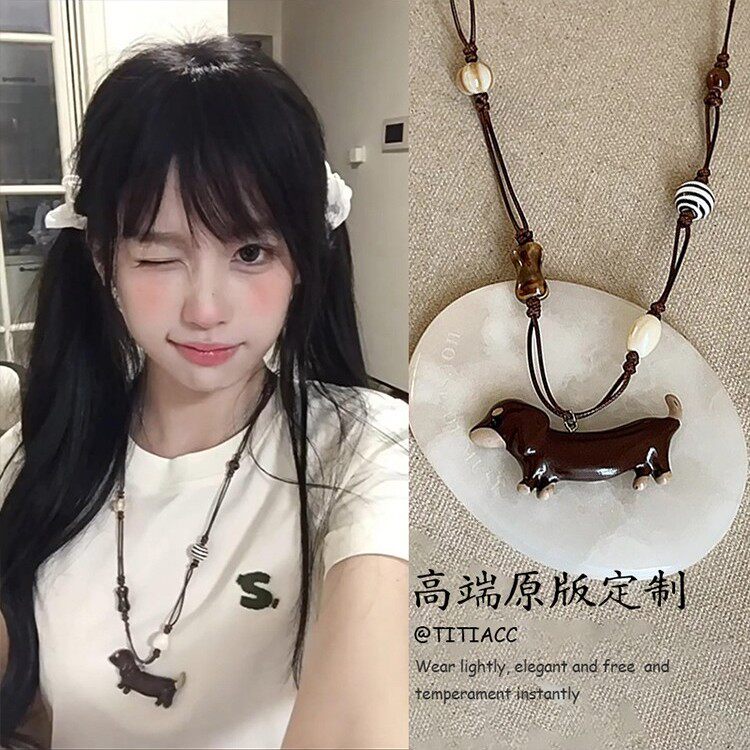 卡通陶瓷腊肠狗吊坠项链女可爱复古小狗卫衣链长款毛衣链穿搭配饰