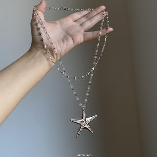 银色海星串珠双层叠戴项链女甜酷千禧辣妹风长款毛衣链小众配饰潮