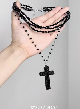 复古黑色十字架多层叠戴项链女新款暗黑系闪钻锁骨链甜酷时尚颈链