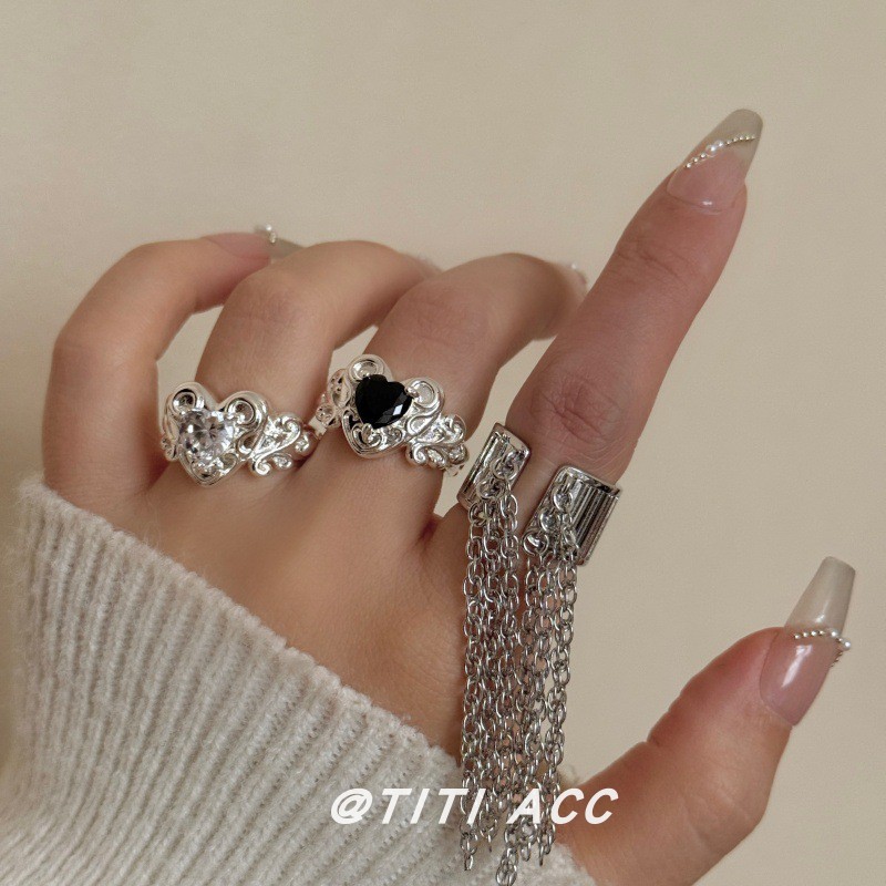 中古vintage镶钻开口爱心戒指女轻奢高级感流苏链条百搭独特指环