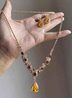 黄色闪钻项链套装高级女款锁骨链