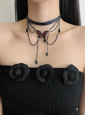 辣妹甜酷风立体红色蝴蝶流苏项圈