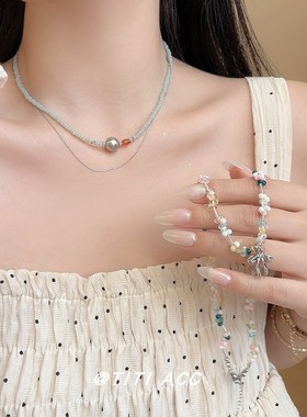 小清新绿色琉璃米珠珍珠项链女2025年新款春夏新款森系串珠锁骨链