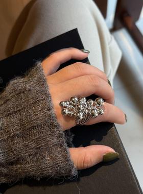 复古金属质感银色串珠戒指女ins