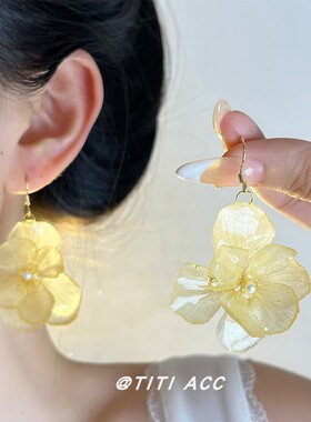 春日氛围感~黄色花朵耳环女耳钩手工滴胶永生花耳钉耳坠耳饰显白