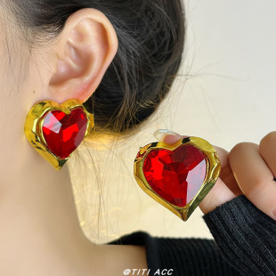 中古风~欧美朋克风水钻爱心耳钉耳环金属边框甜酷辣妹重工耳饰潮