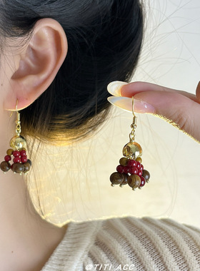 新中式木质圆珠流苏耳钩女复古优雅文艺气质耳环民族风潮流耳饰品