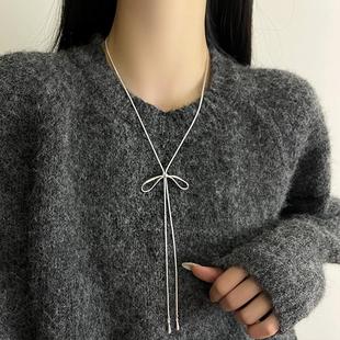 银色蝴蝶结抽拉式 配饰韩系毛衣链锁骨链 项链女简约ins冷淡风长款