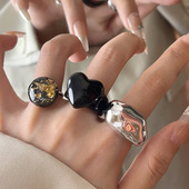 法式 复古冷淡风树脂滴油爱心戒指ins甜酷混搭不规则合金圆球指环