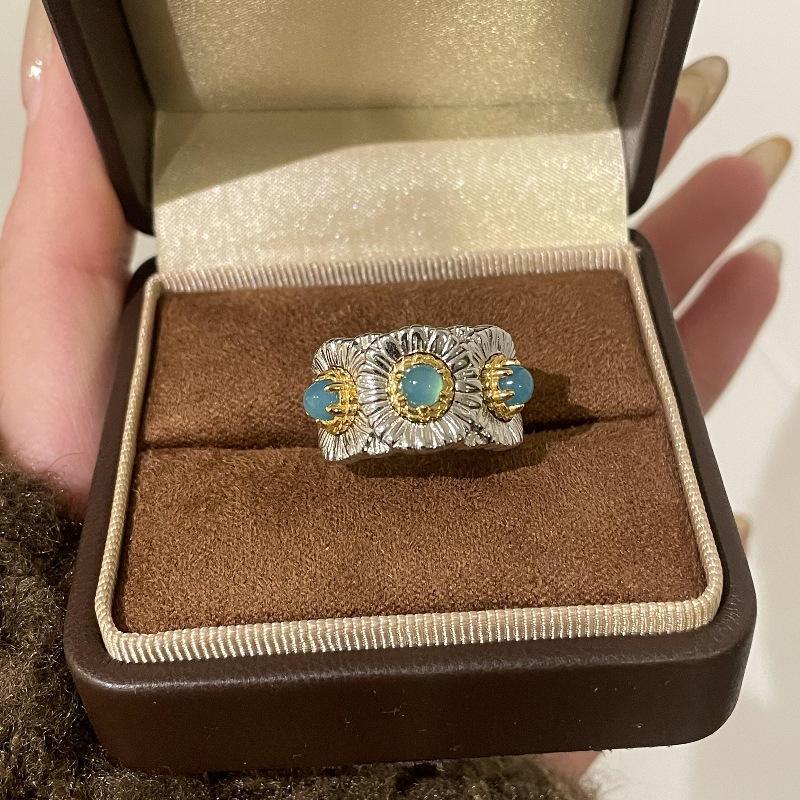 不掉色vintage拉丝宽面蓝宝戒指轻奢小众百搭时尚气质独特指环女