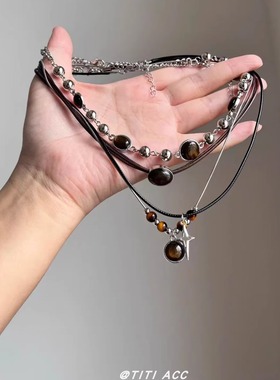 多种搭配！复古美拉德虎眼石叠戴项链女秋冬高级感小众皮绳锁骨链