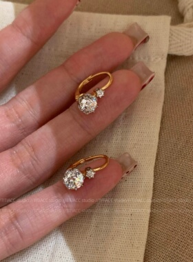 老友记瑞秋同款老欧切锆石耳环耳扣复古中古风双钻耳圈轻奢女耳饰