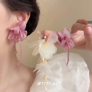 适合夏天的耳环夸张雪纺黄色花朵珍珠耳饰海边度假耳饰方圆脸耳坠