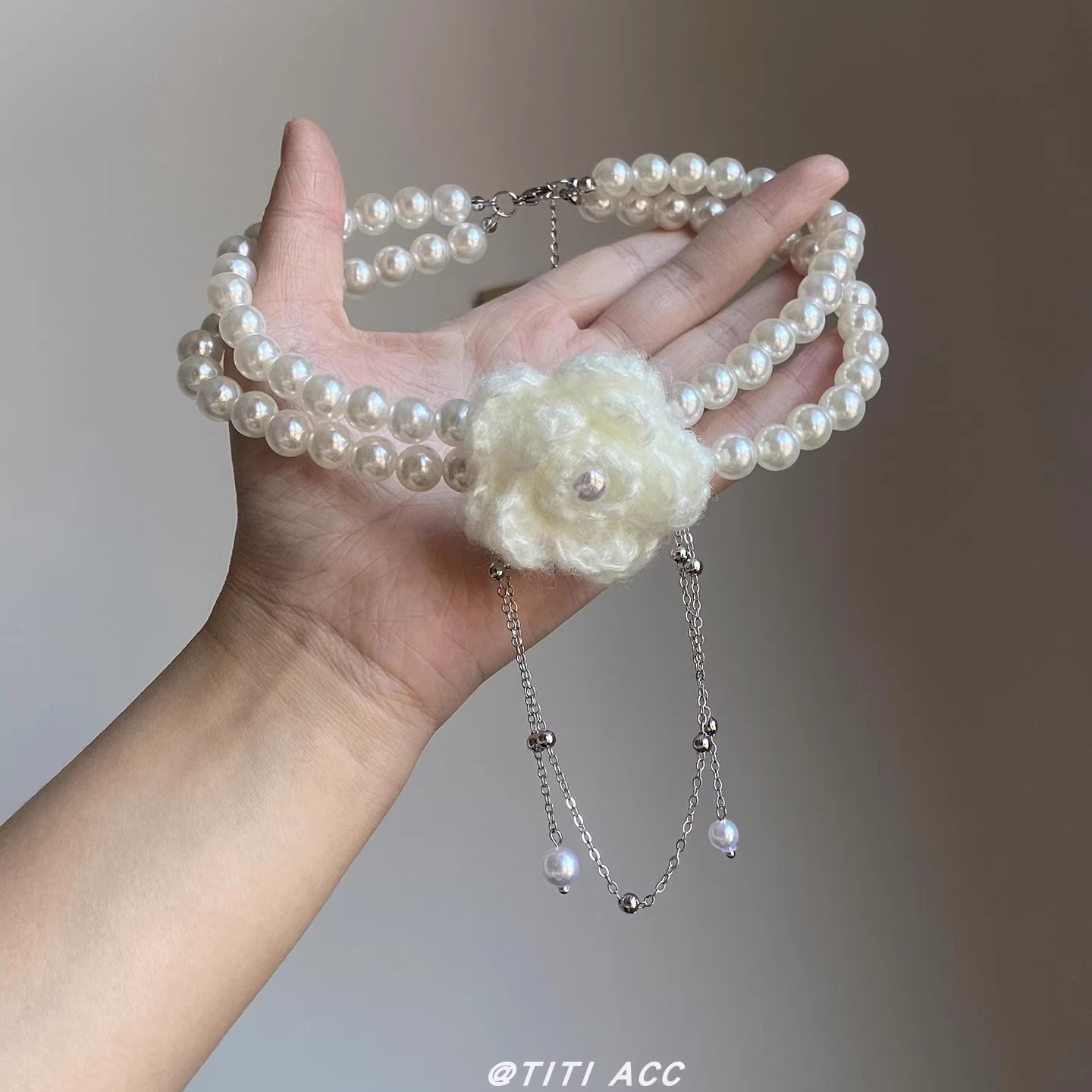 法式复古双层珍珠流苏项链女优雅气质甜美针织花朵锁骨链经典颈链