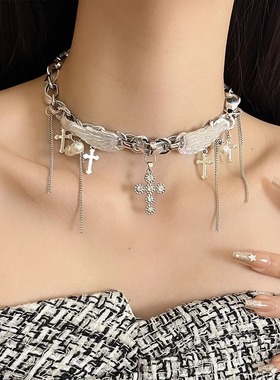 y2k甜酷银色皮革天使翅膀项链女